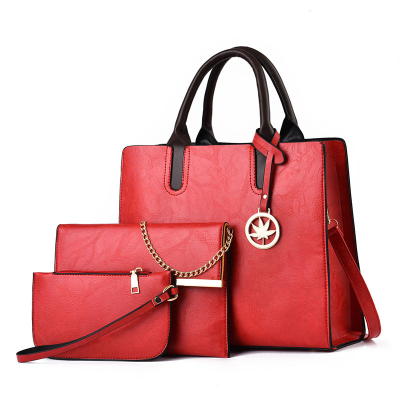 Red PU leather messenger and handbag set for women