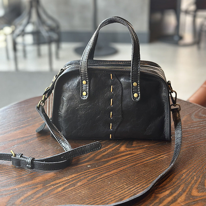 Black cowhide leather crossbody bag with simple square design