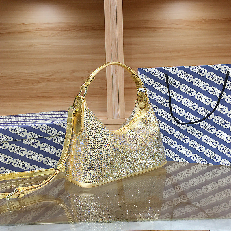 Front view of black rhinestone dinner bag for women