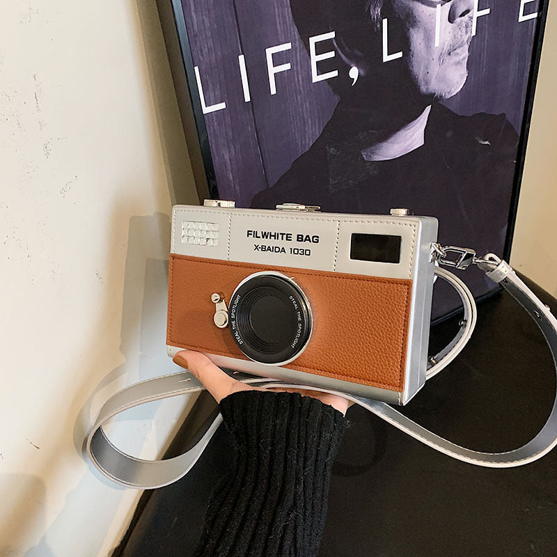 Silver black mini camera crossbody bag with chain strap