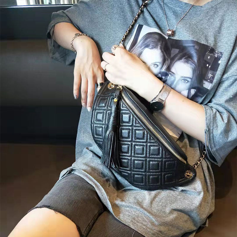 Front view of compact leather crossbody