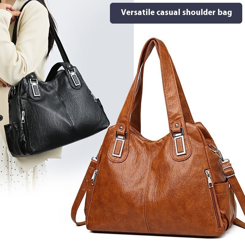 Flat lay of European style PU leather large capacity tote bag