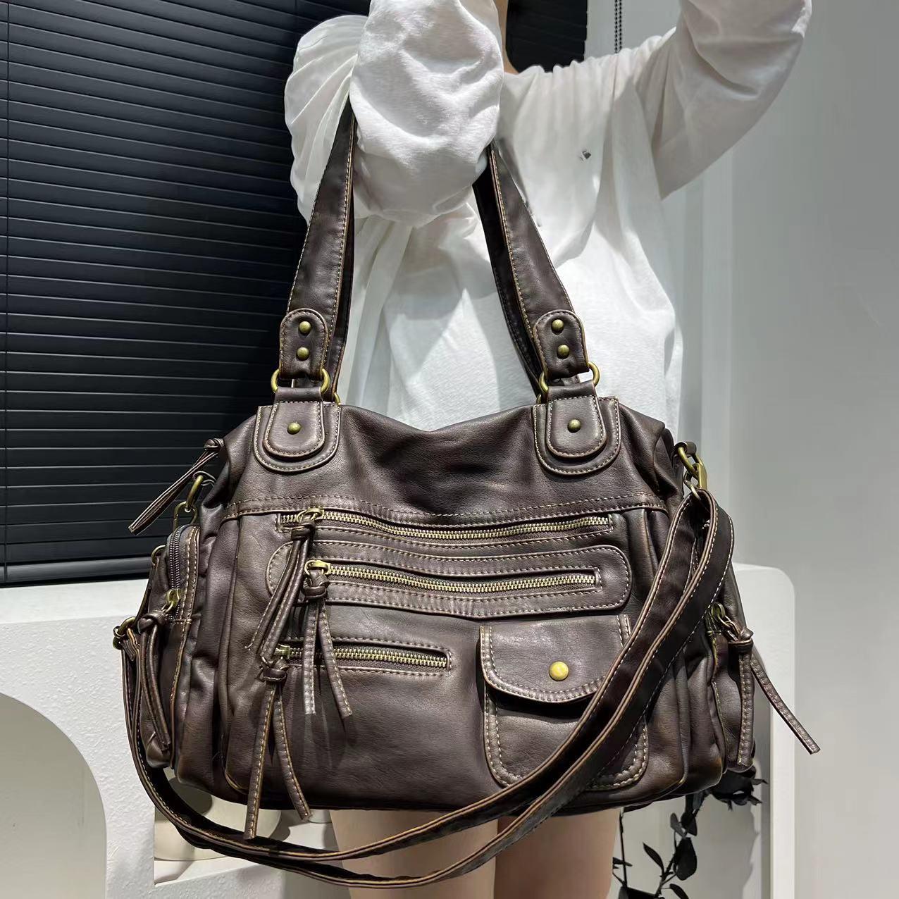 Washed PU leather retro shoulder tote for women