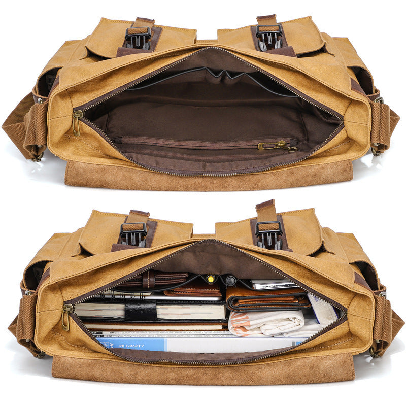 Waxed canvas crossbody bag with adjustable cowhide strap