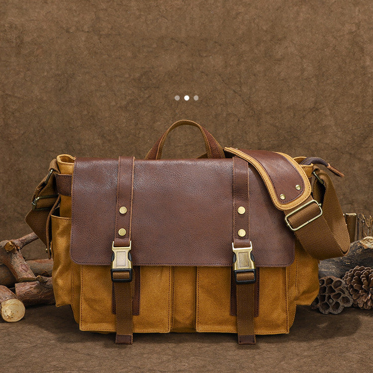 Army green waxed canvas crossbody bag with cowhide leather trim