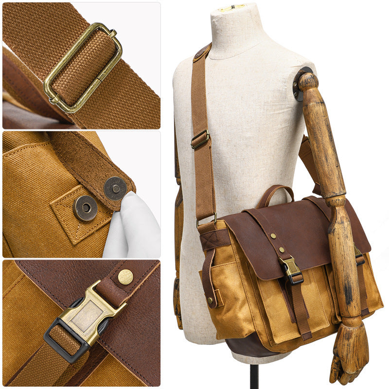 Interior of waxed canvas crossbody with organized compartments