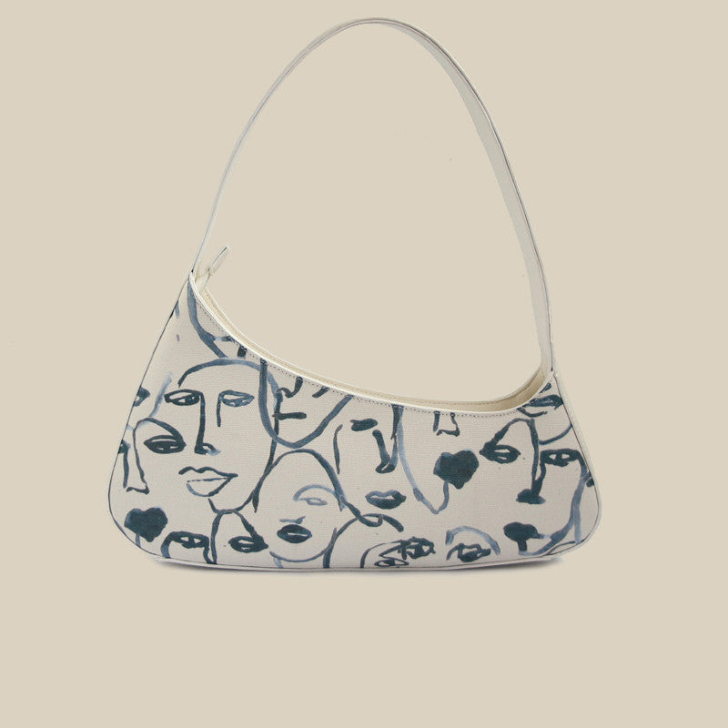 White Canvas Shoulder Bag for Women – Vintage Style with Character Pattern