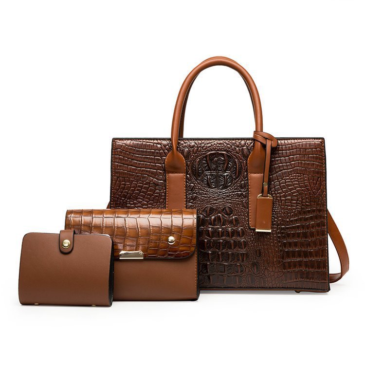 Wine red PU leather crocodile pattern women’s handbag three-piece set