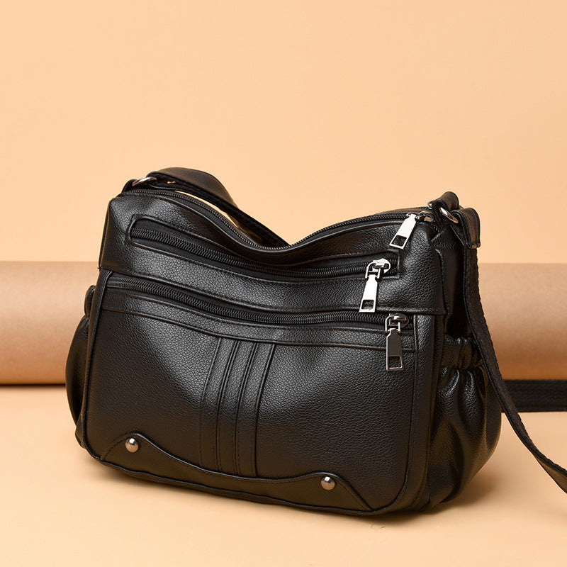 Women's black large capacity PU shoulder messenger bag