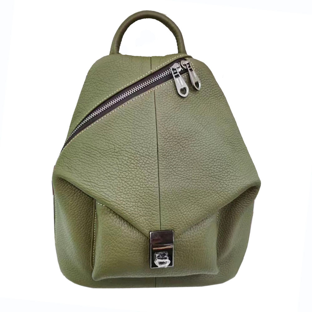 Green women's cowhide leather backpack with street-style design