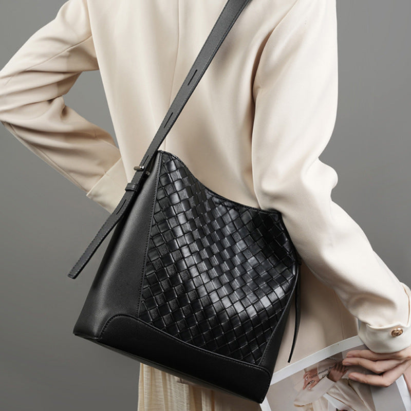 Black woven genuine leather shoulder bag in square vertical style