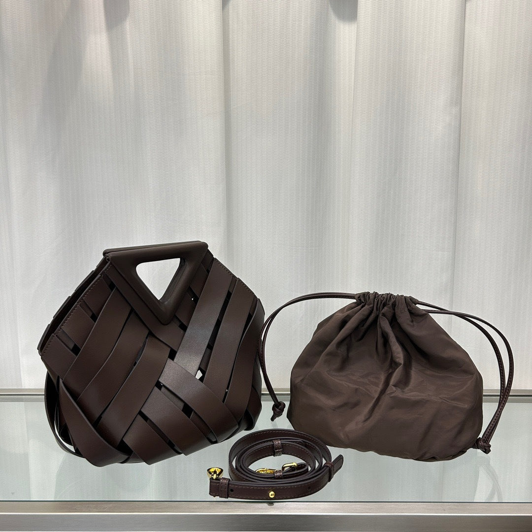 Caramel woven leather crossbody bucket bag with triangle closure