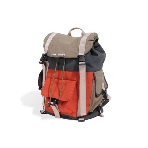 Front view of orange and green waterproof outdoor backpack with multiple compartments