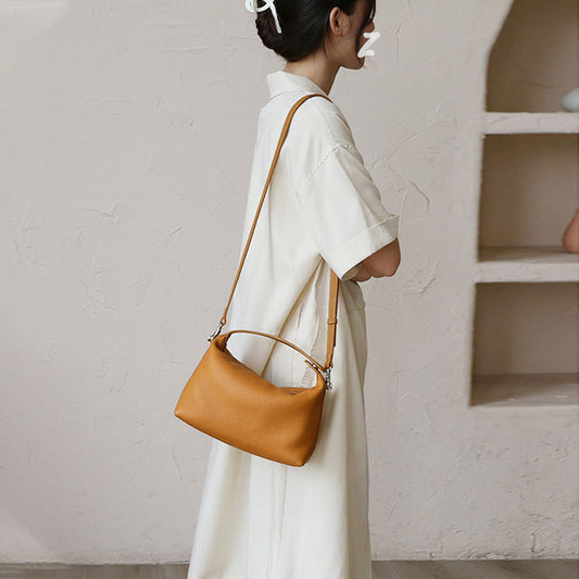 Brown cowhide leather shoulder bag with lunch-box shape