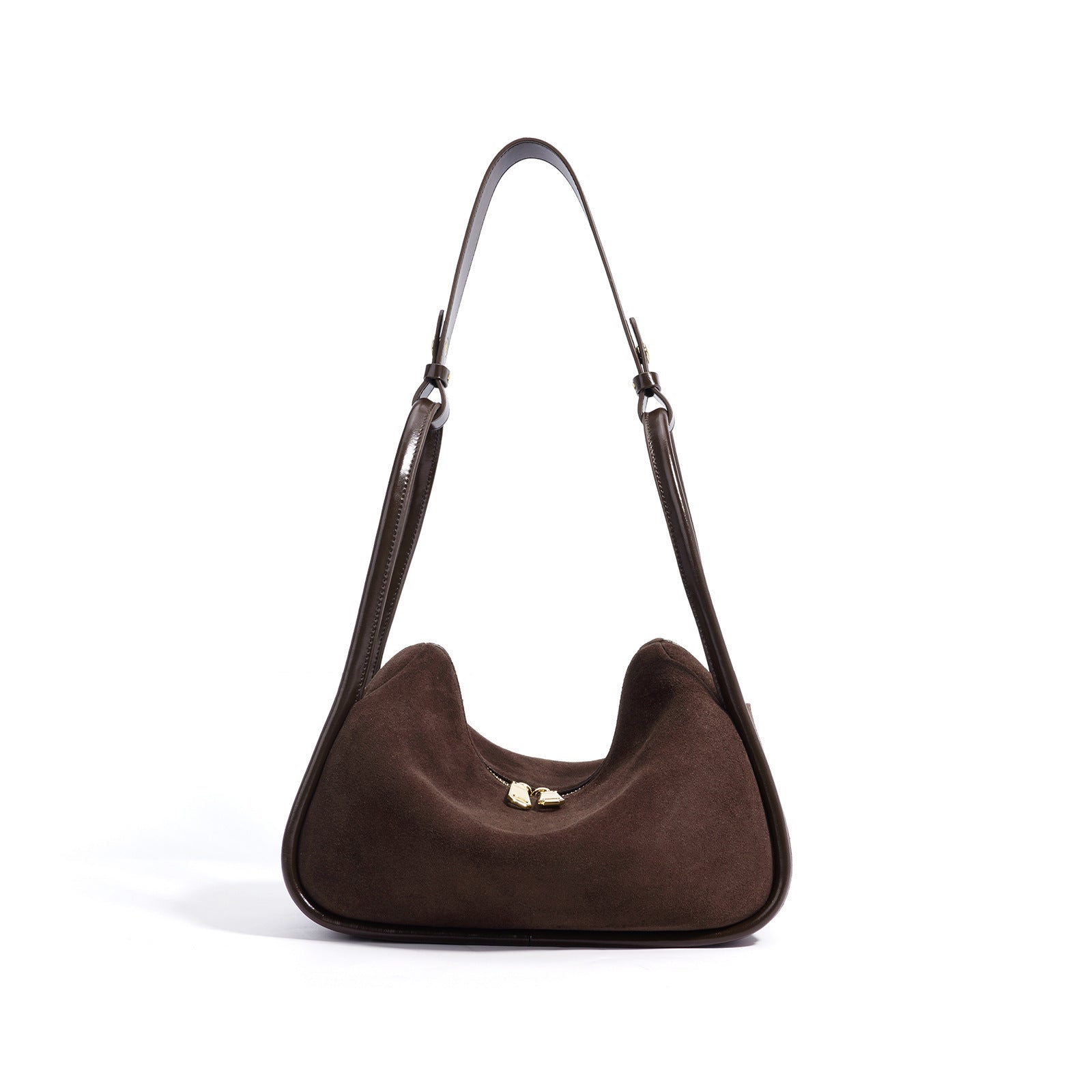 Brown handbag with a shoulder strap on a white background