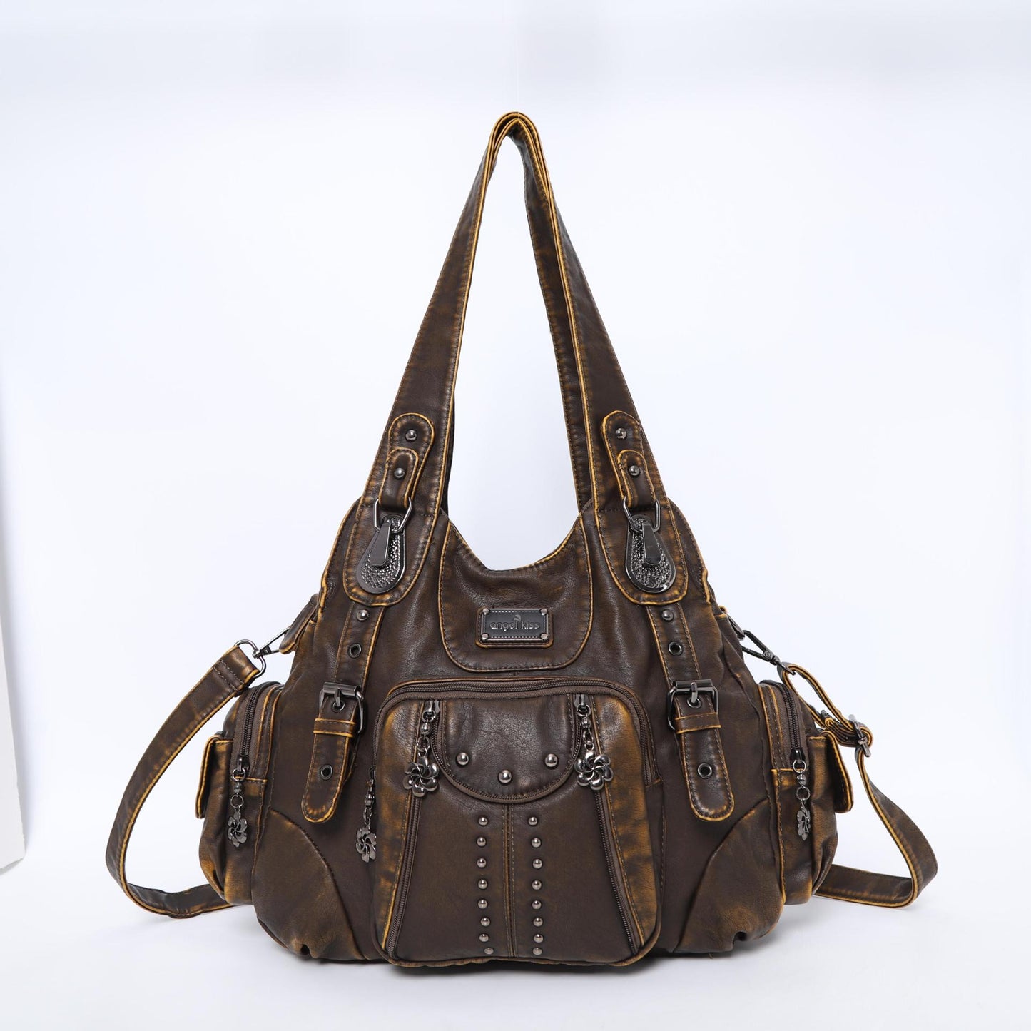 Brown leather handbag with decorative elements on a white background