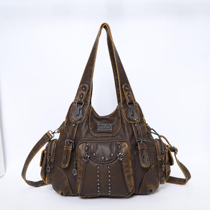 Brown leather handbag with decorative elements on a white background