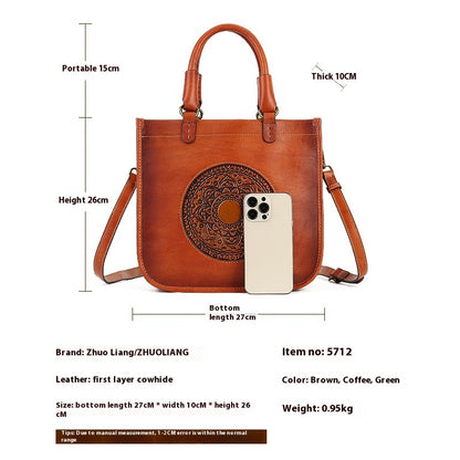 Brown leather handbag with measurements and product details on a white background