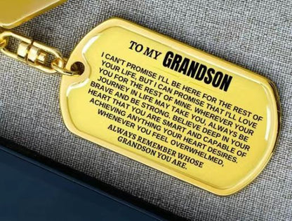 Gold dog tag with engraved message for grandson
