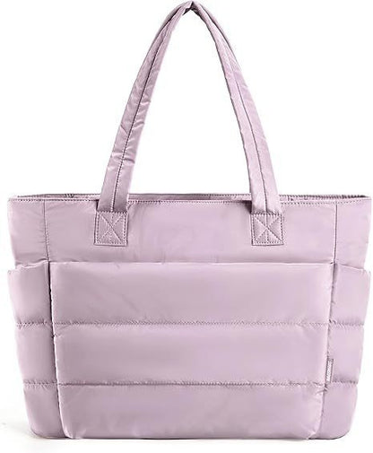 Light purple tote bag with multiple pockets on a white background