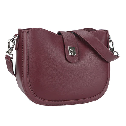 Maroon handbag with a silver clasp on a white background