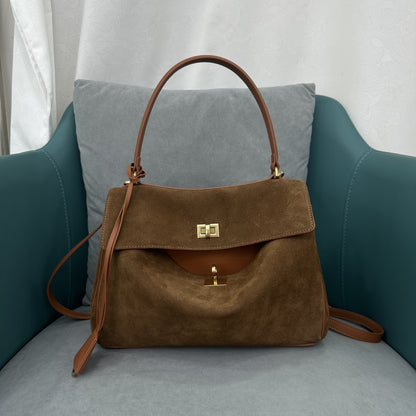 Brown 35cm woven leather shoulder bag front angle