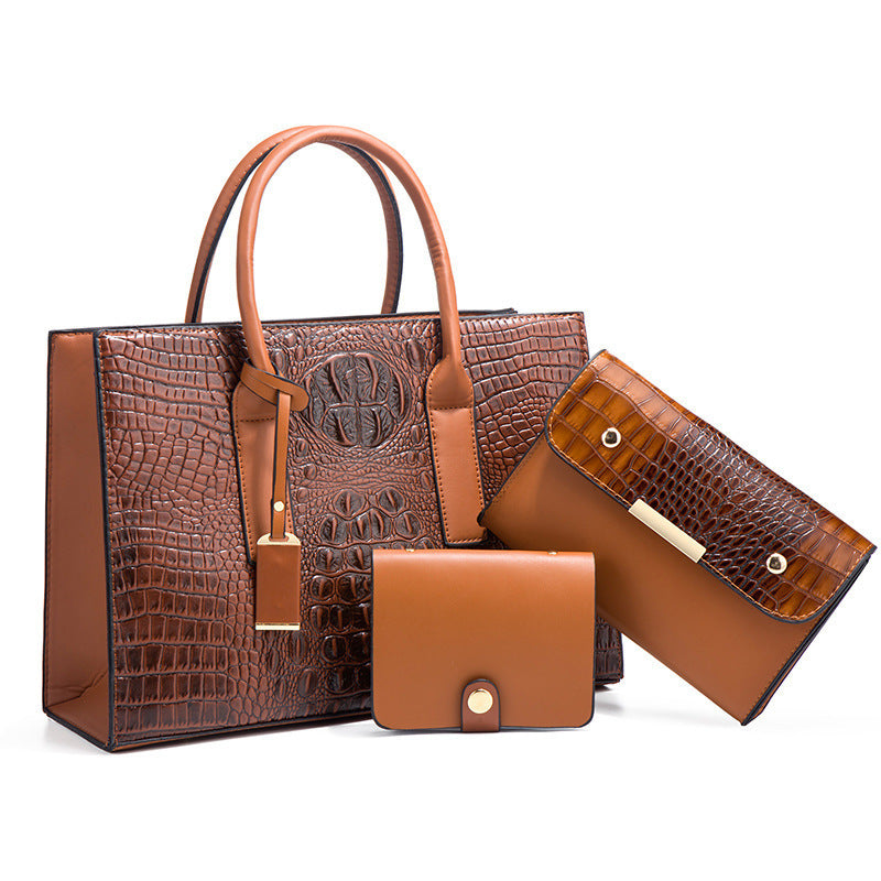 Brown crocodile pattern PU leather 3-piece women’s handbag set