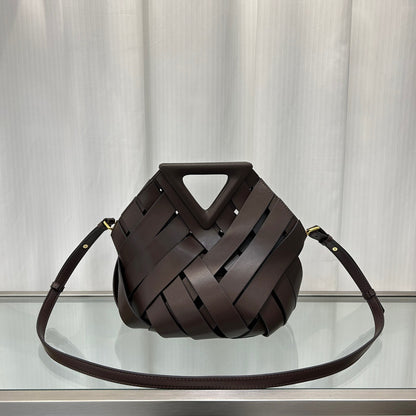 Brown genuine leather bucket crossbody bag with weave detailing