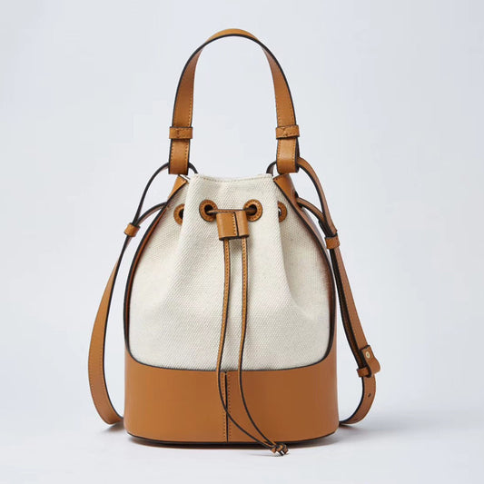 Canvas drawstring bucket bag for women