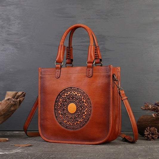 Brown embossed cowhide Chinese-style shoulder handbag