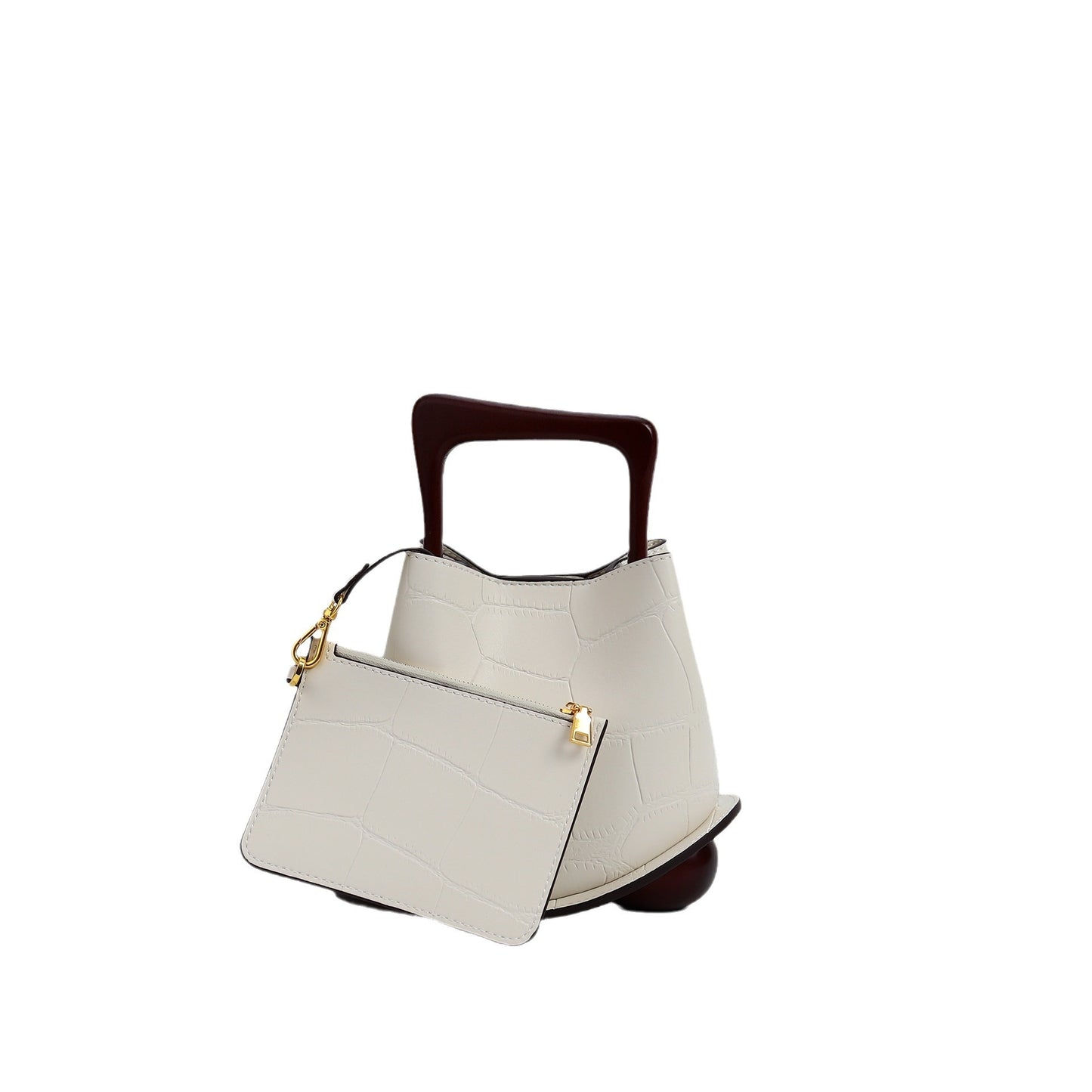 Cream white cowhide bucket bag with wooden wrist handle