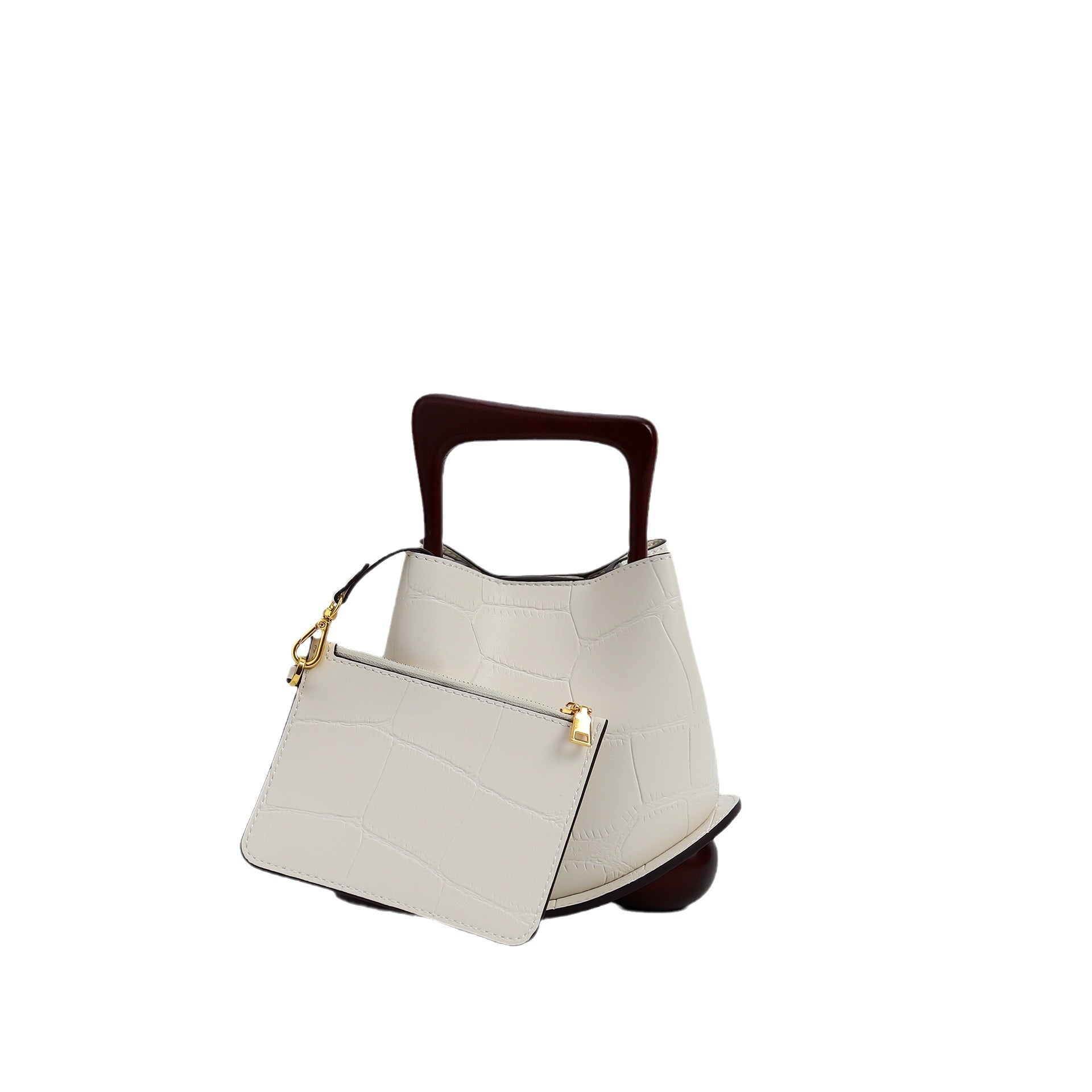 Cream white cowhide bucket bag with wooden wrist handle