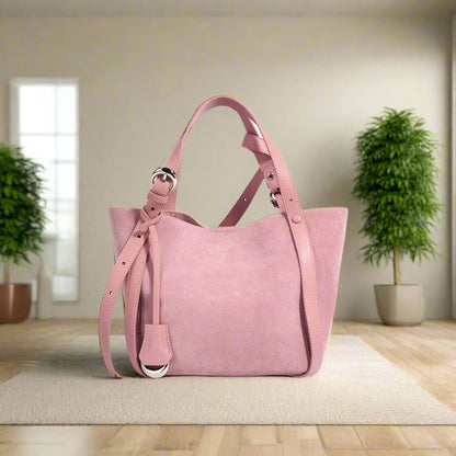 Women's cowhide bucket shoulder bag in pink