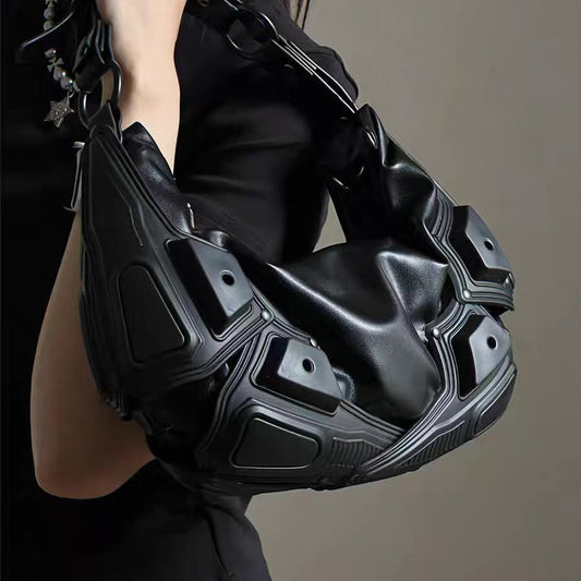 Black crescent-shaped underarm crossbody PU leather bag