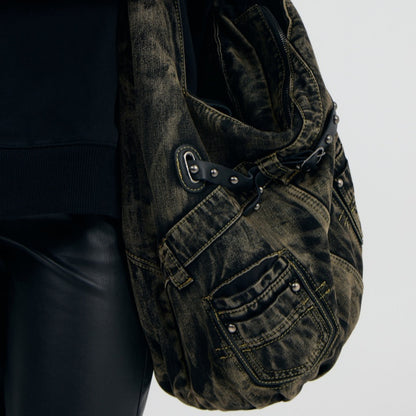 Interior of spacious denim bucket bag