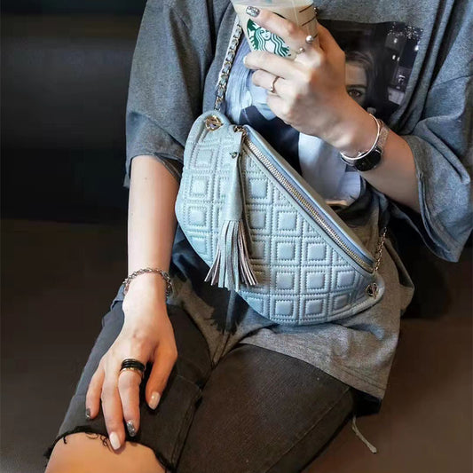 Blue leather crossbody bag with diamond chain