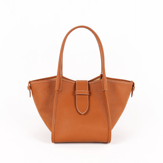 Brown dumpling-shaped top layer leather tote bag