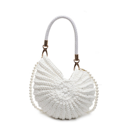 Backside of handmade woven fabric tote bag with two shoulder straps