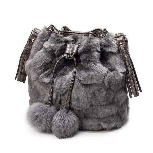 Fashion ladies plush bucket bag, stylish women's handbag with drawstring closure