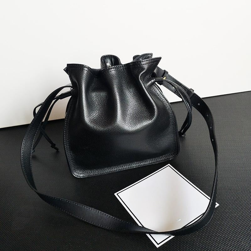 Color options of cowhide pull-belt leather crossbody bucket bag
