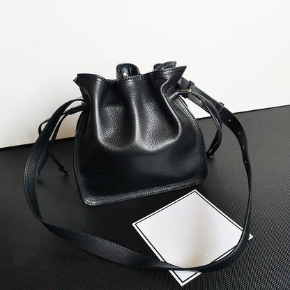 Color options of cowhide pull-belt leather crossbody bucket bag