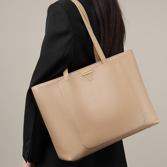 Front view of apricot first layer cowhide leather tote