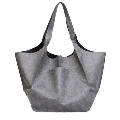 Gray tote bag with black interior on a white background