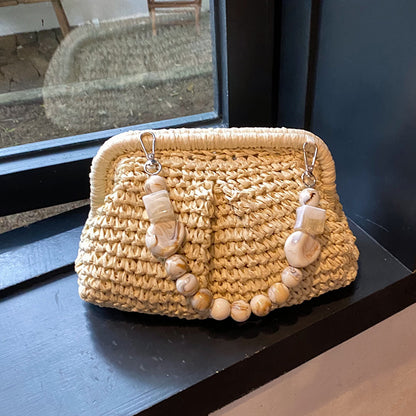 Khaki Woven Grass Handbag - Ideal for Leisure Travel and Casual Outings