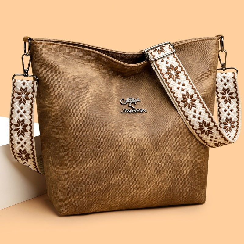 Front view of large capacity PU leather shoulder crossbody bag