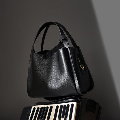 Women's black leather crossbody bucket bag