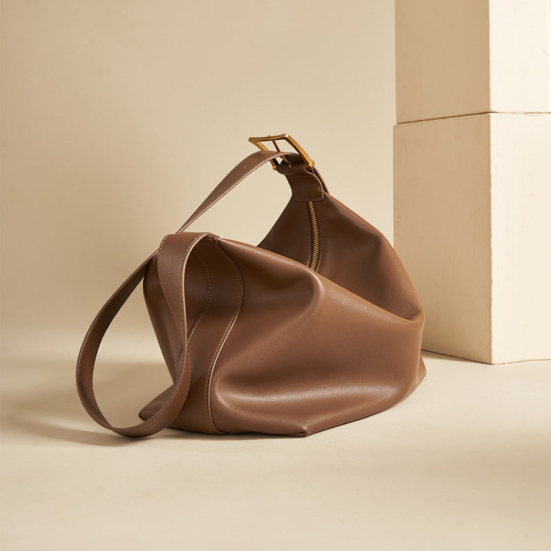 Side view of cocoa coffee crossbody tote bag