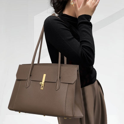 Front view of khaki genuine leather large tote bag
