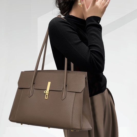 Front view of khaki genuine leather large tote bag