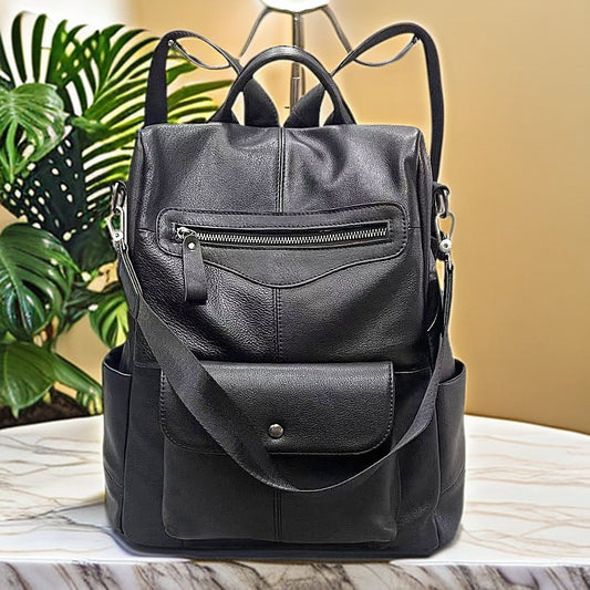 Black cowhide leather backpack for stylish women